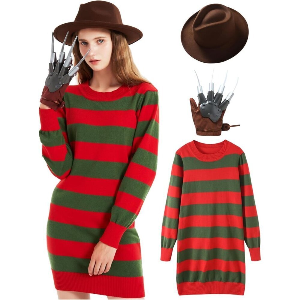 Women Halloween Costume Knit Sweater Dress Brown Hat Scary Glove Set